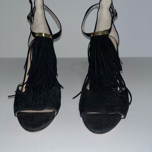 Louise et Cie Black Suede Fringe Open-Toe Heels with Gold Accent